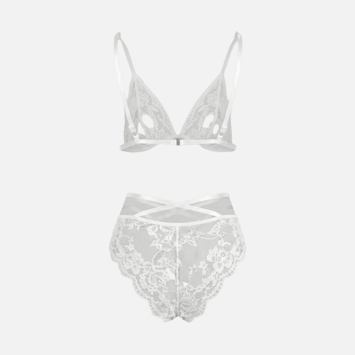 Product flatlay of the back of the Desiree white lace lingerie set, detailing the front-clasp closure of the bralette and the sheer back of the brief.