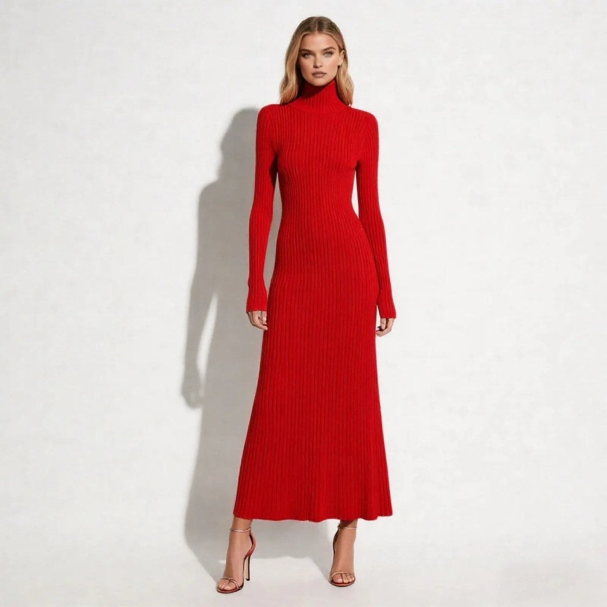 Model wearing the Kouvr Dianne red ribbed knit turtleneck maxi dress, showcasing its full-length A-line silhouette and long sleeves.