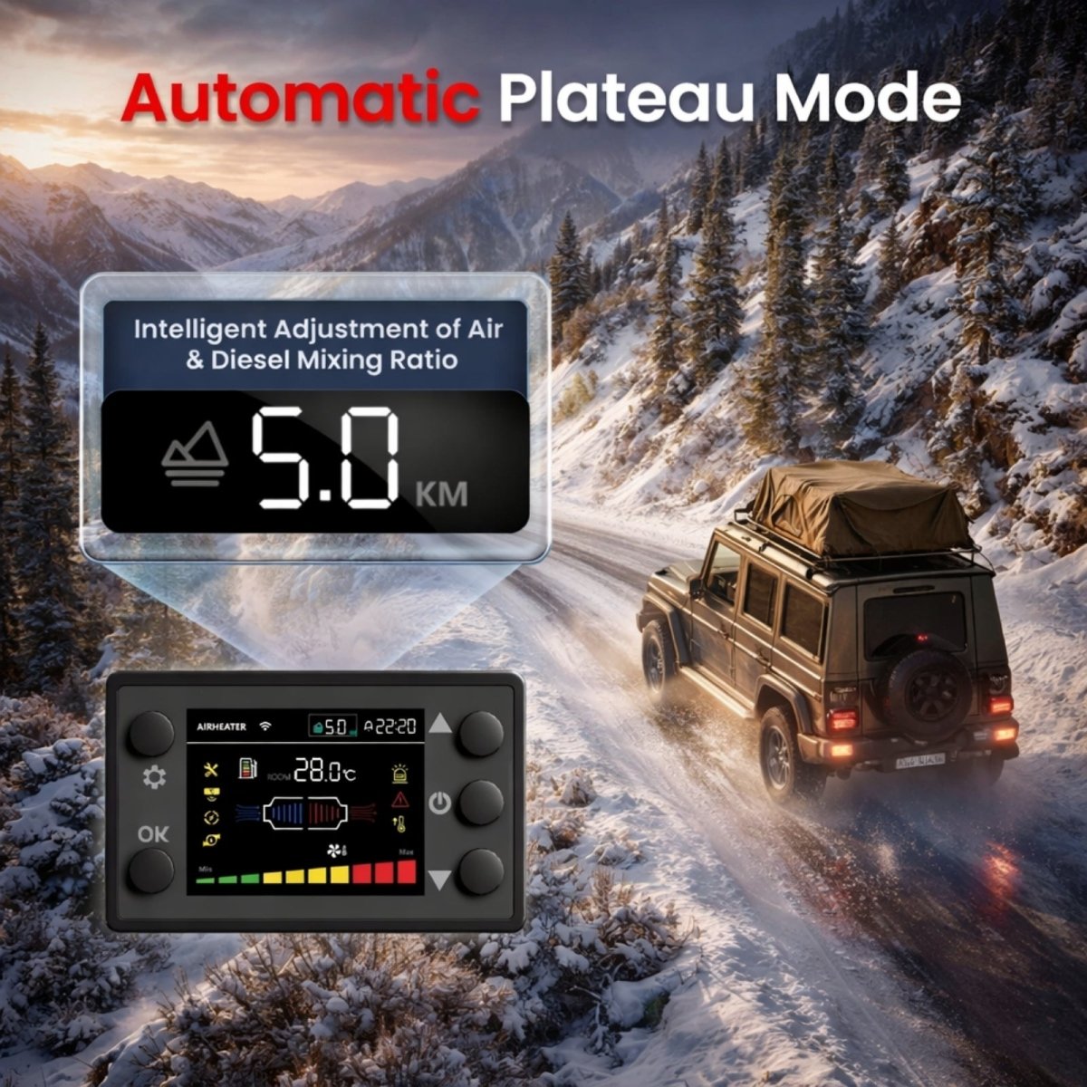 The LCD screen of the Kouvr diesel heater displaying its automatic plateau mode functioning at 5.0 km altitude.