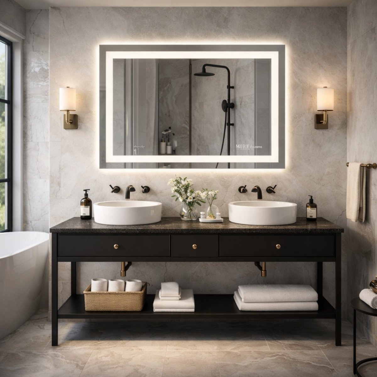 A horizontal Kouvr LED mirror with warm backlighting above a black double vanity with white vessel sinks and black faucets in a bright, modern bathroom.