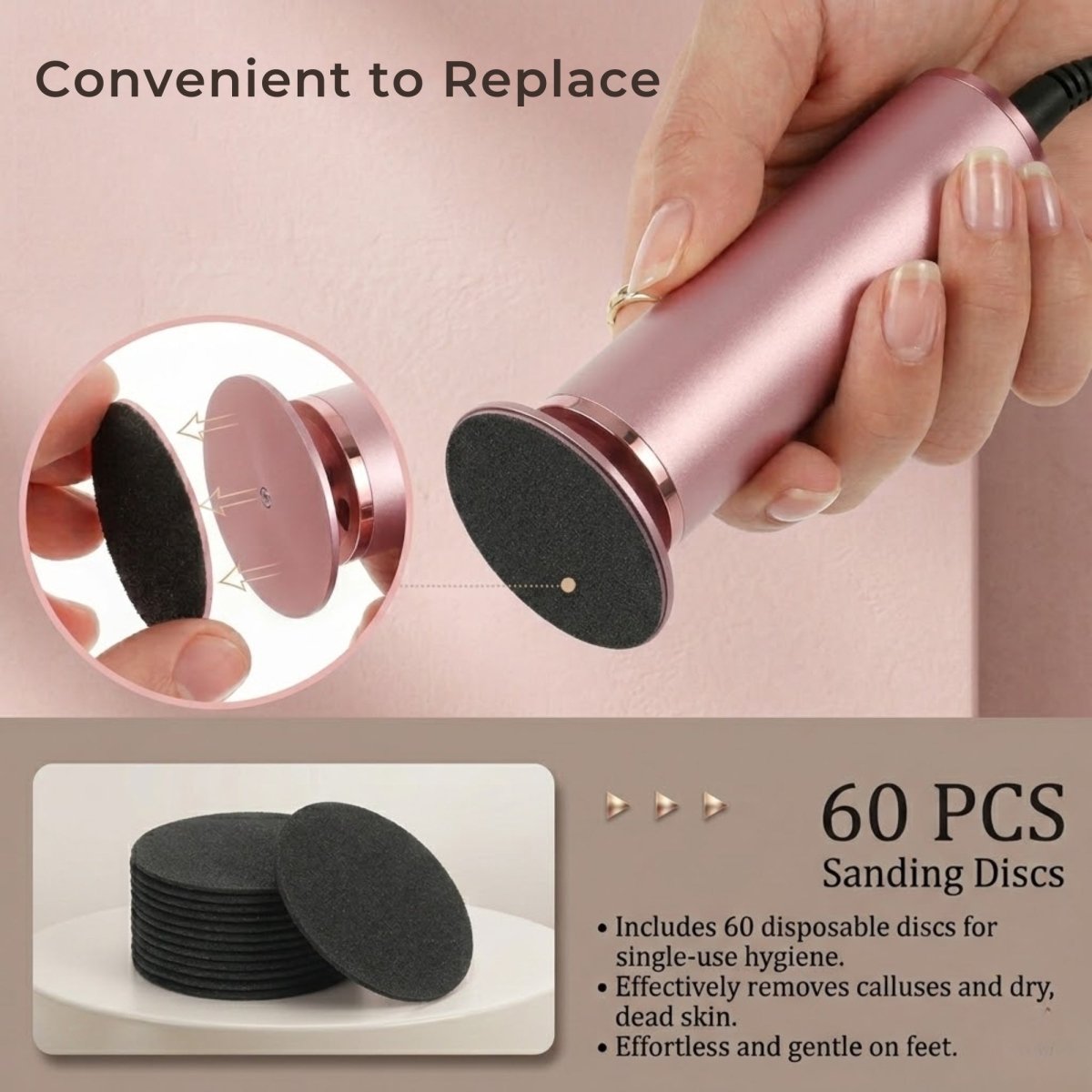 A stack of 60 disposable self-adhesive sanding discs being replaced on the Kouvr electric foot file for hygienic pedicure use.