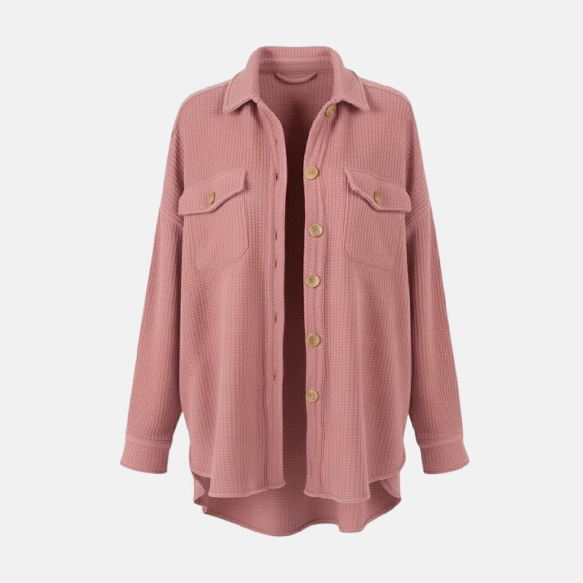 Flat lay of the Kouvr women's pink waffle knit shirt jacket, showing the button-front closure and chest pocket details.