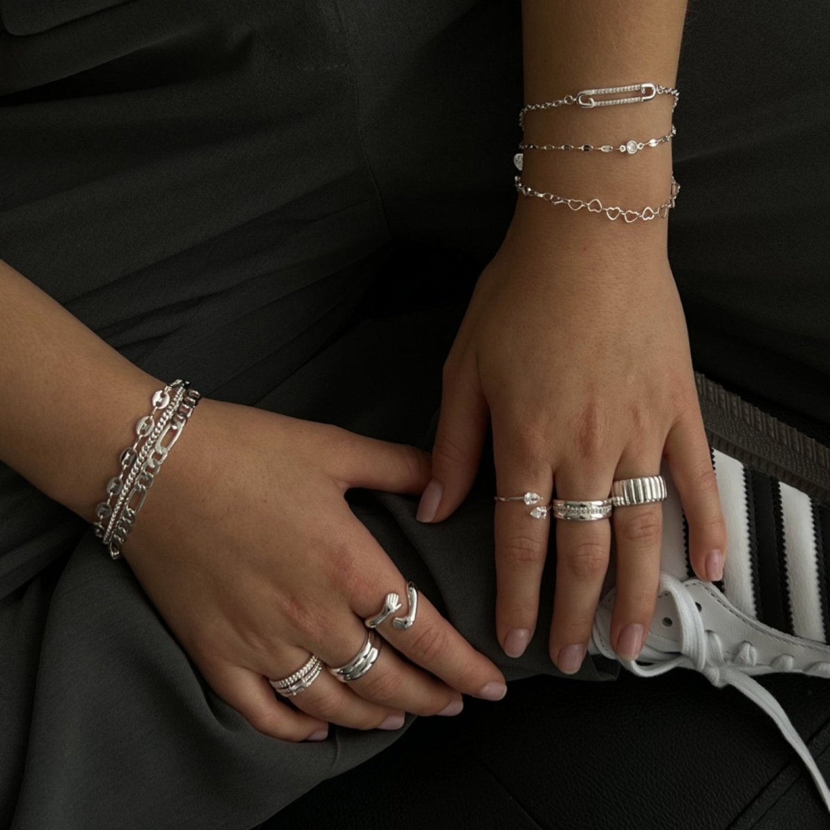 Double Dome Ring with other silver rings.