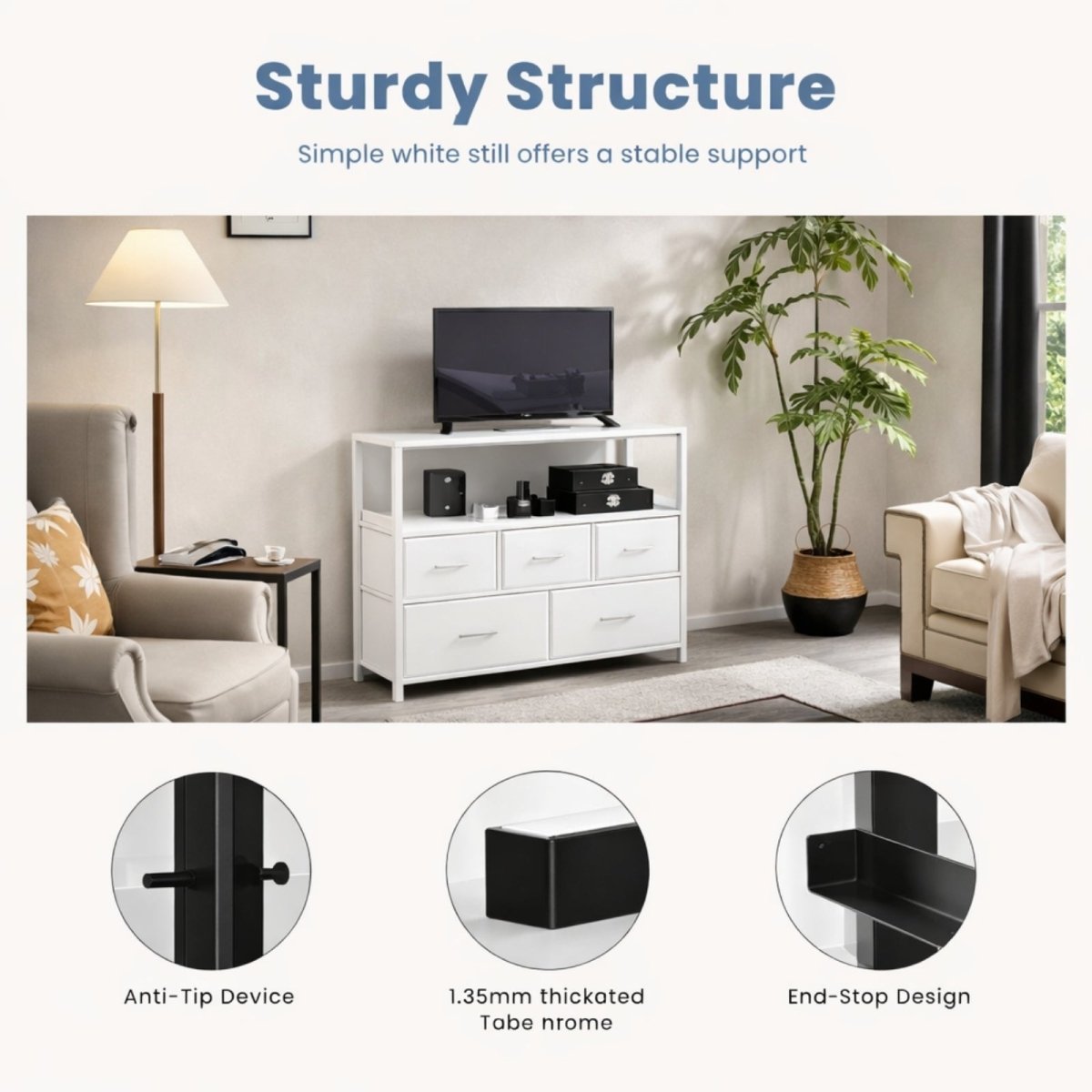 Close-up images highlighting the sturdy structure and safety features of the Kouvr dresser, including its anti-tip device, thick frame, and end-stop design.