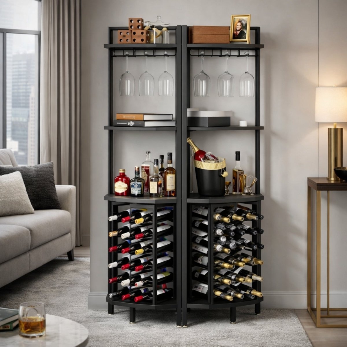 Two Kouvr corner bar cabinets placed together to form a large, impressive home bar furniture setup in a sophisticated living room.