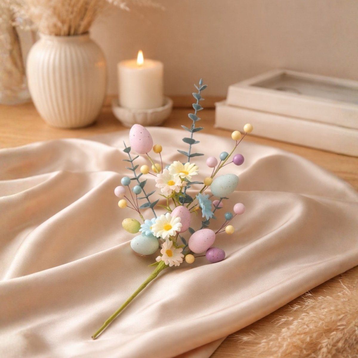 A single stem of the Easter egg floral pick displayed on a piece of beige satin fabric with a candle in the background.