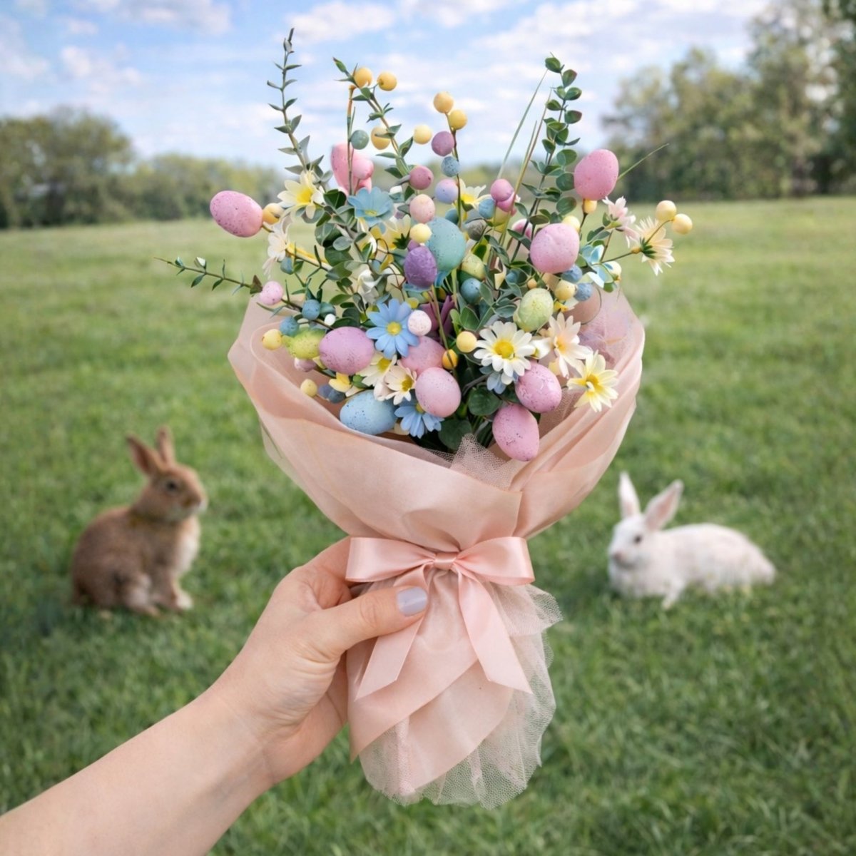 A hand holding a pastel Easter egg and daisy bouquet in a green field with two rabbits in the background.