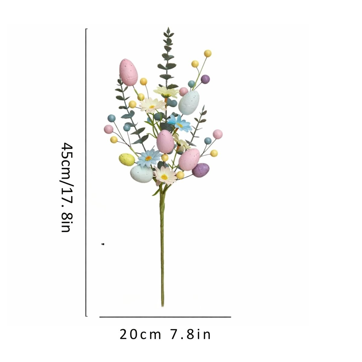A product image showing the dimensions of the Easter floral stem, measuring 45cm or 17.8 inches in height and 20cm or 7.8 inches in width.