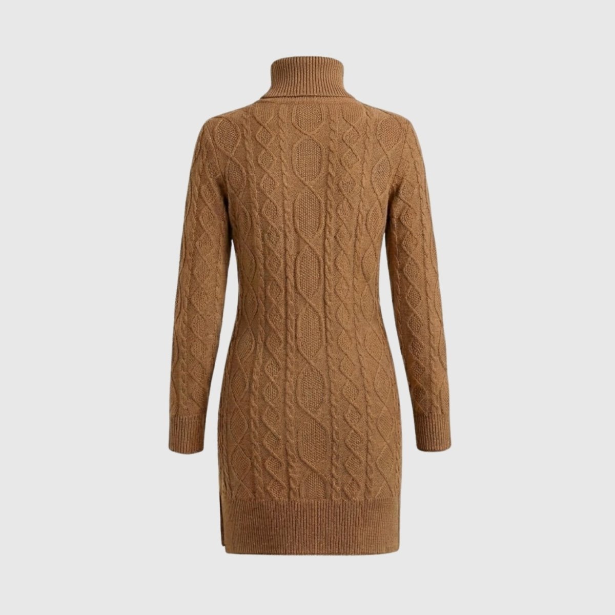 Back product shot of the Kouvr Erza camel sweater dress, showcasing the detailed knitwork and silhouette.