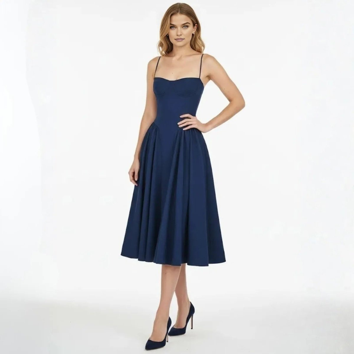 Navy Corset Midi Dress | Sweetheart Fit & Flare Cocktail Gown for Wedding Guest Formal Event Sleeveless Pleated A-Line Skirt