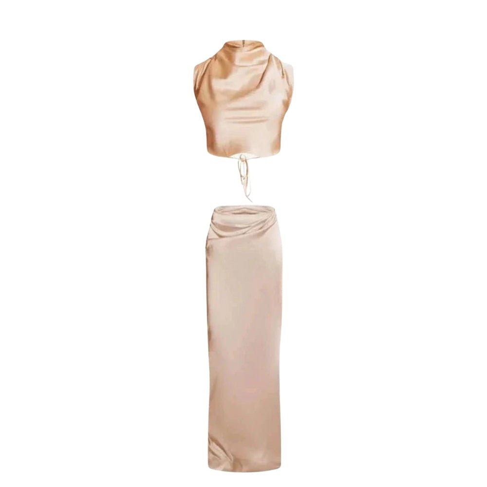 Cream Kouvr satin two-piece outfit on a white background