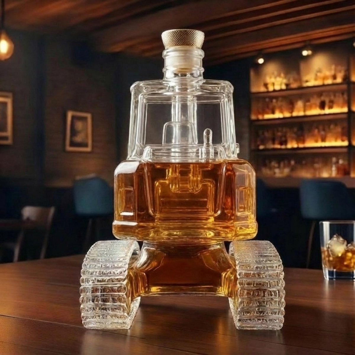 Rear view of the Kouvr excavator bourbon decanter, highlighting the glass craftsmanship, airtight stopper, and shape of the main body.