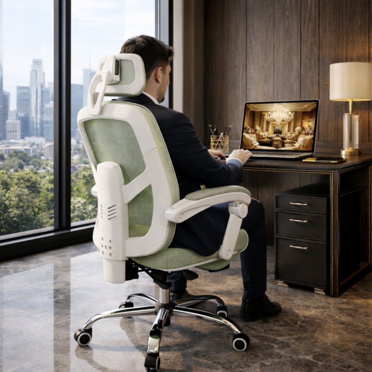 Rear view of a professional man working in the Kouvr high-back ergonomic chair in light green, featuring the white frame and adjustable headrest.