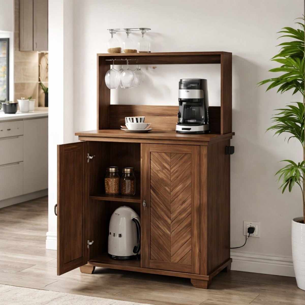 Kouvr farmhouse coffee bar cabinet in walnut finish featuring a coffee maker on the main tier, hanging wine glasses, and herringbone wood pattern door.