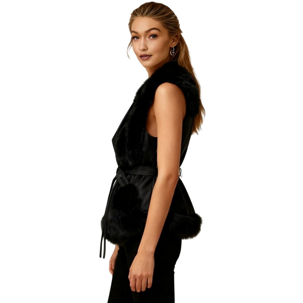 Woman wearing a black Kouvr fur vest on a white background