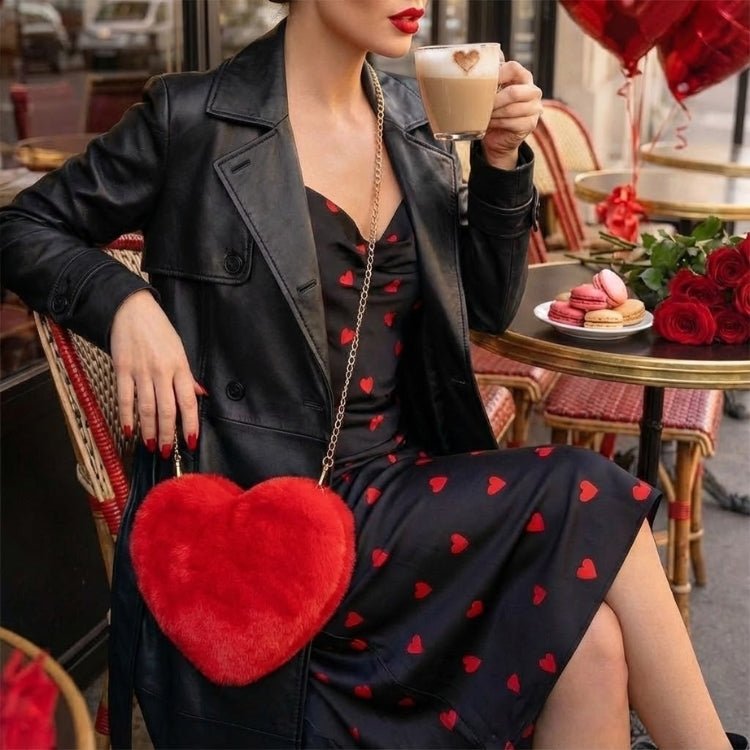 Close-up of a stylish woman with red lipstick holding a latte and wearing the Kouvr Fashion Amour red heart shaped crossbody bag over a black coat.