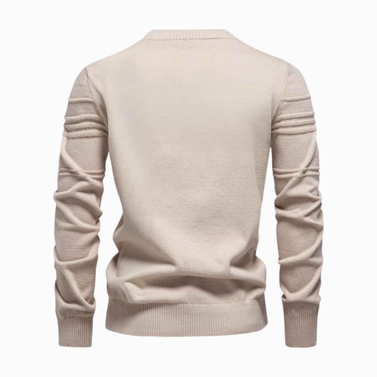 Product shot of the back of the Kouvr Fashion men's apricot knit pullover, showing sleeve and shoulder construction.