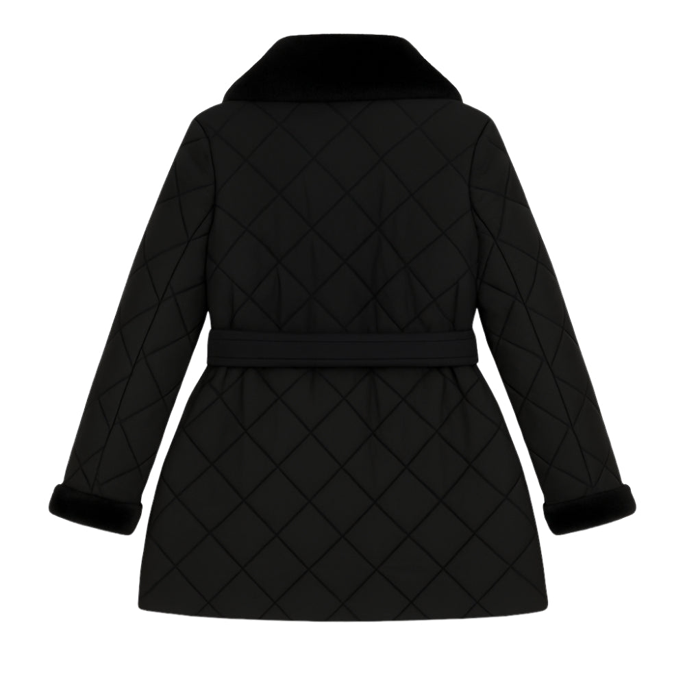 Diamond-stitch, puffer style, shawl collar, shearling trim, insulated outerwear, cold-weather essential, city coat