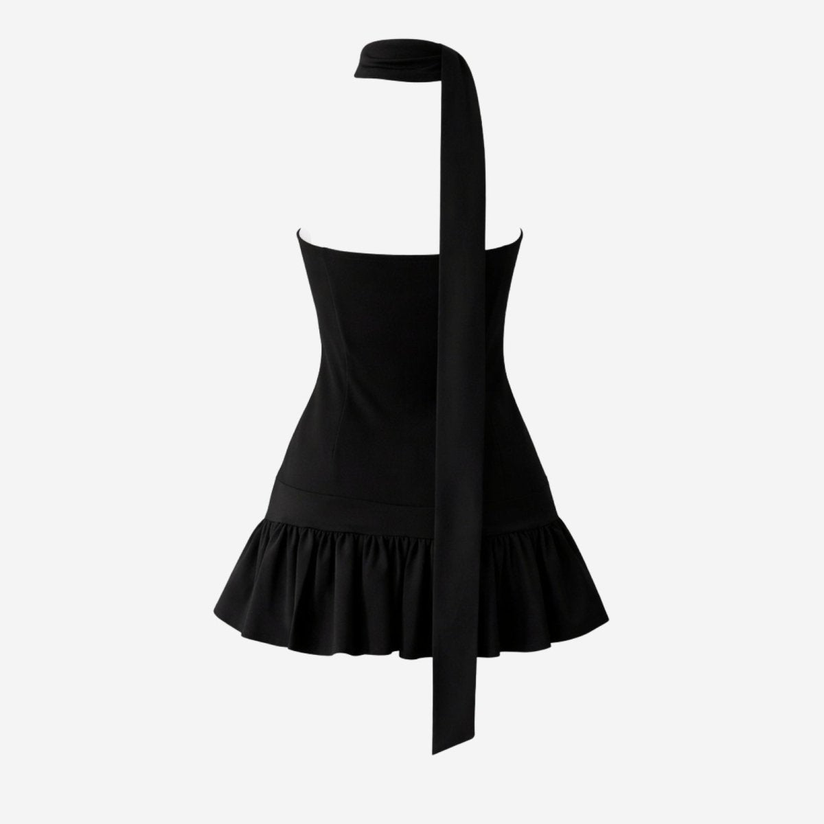Product flatlay showing the back of the black halter neck mini dress with its long, dramatic sash.