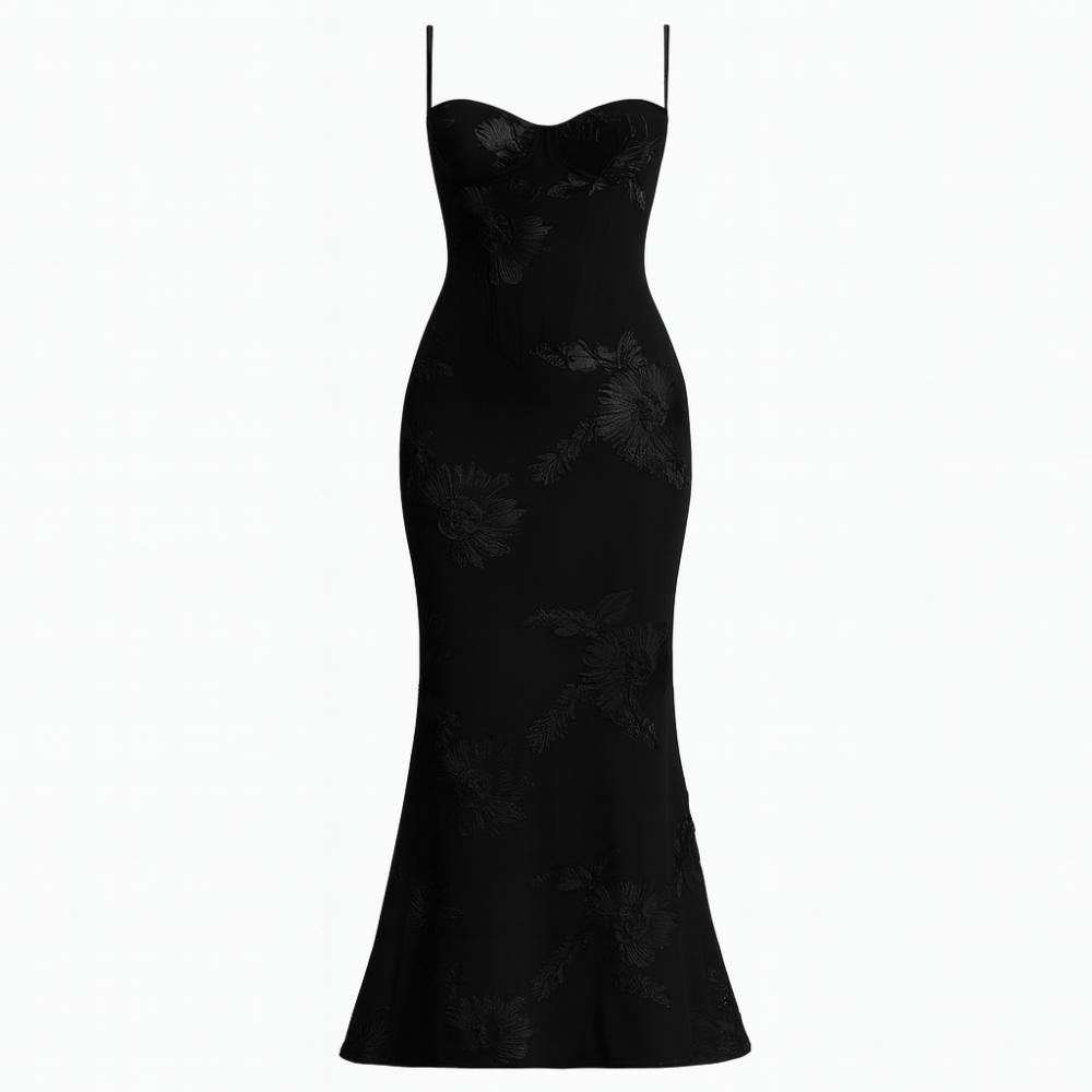 Model wearing the Kouvr Fashion Black Corset Gown with 3D Floral Embroidery