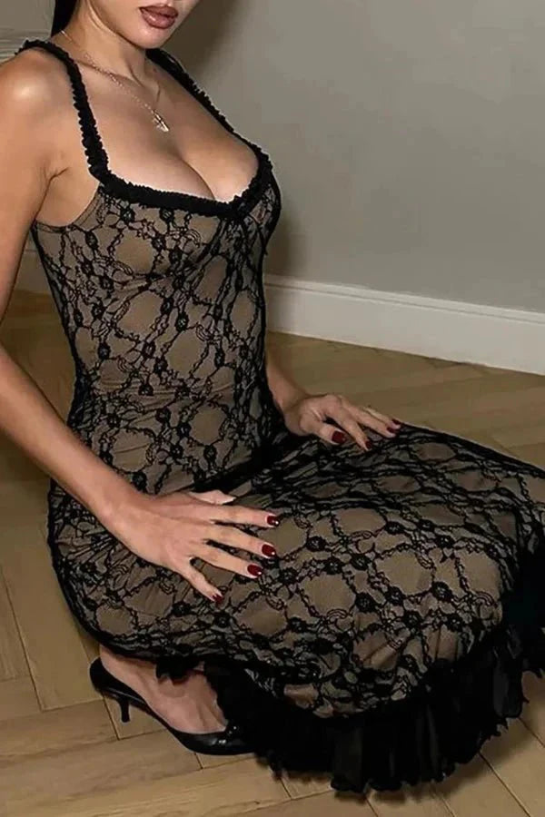 Model wearing the Kouvr Fashion Black Lace Midi Dress at an evening event