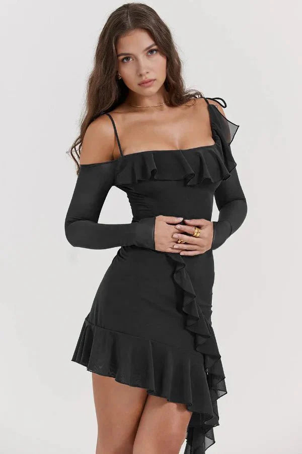 elegant evening wear," "sculpting fit," "asymmetrical gown