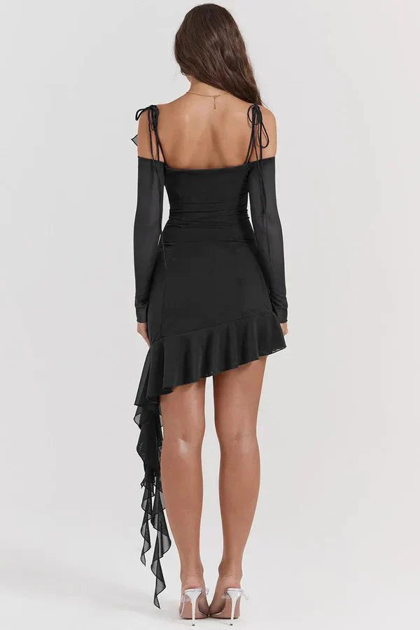 elegant evening wear," "sculpting fit," "asymmetrical gown