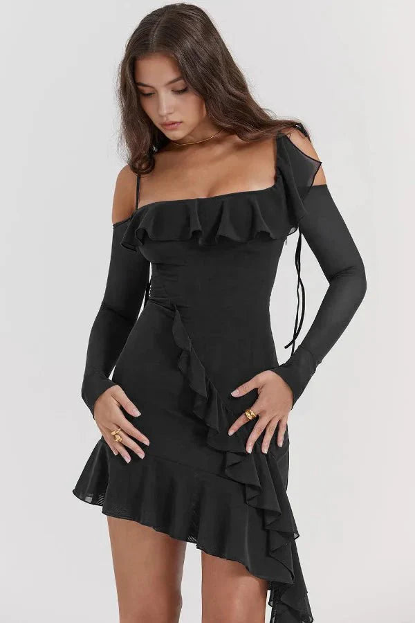 elegant evening wear," "sculpting fit," "asymmetrical gown