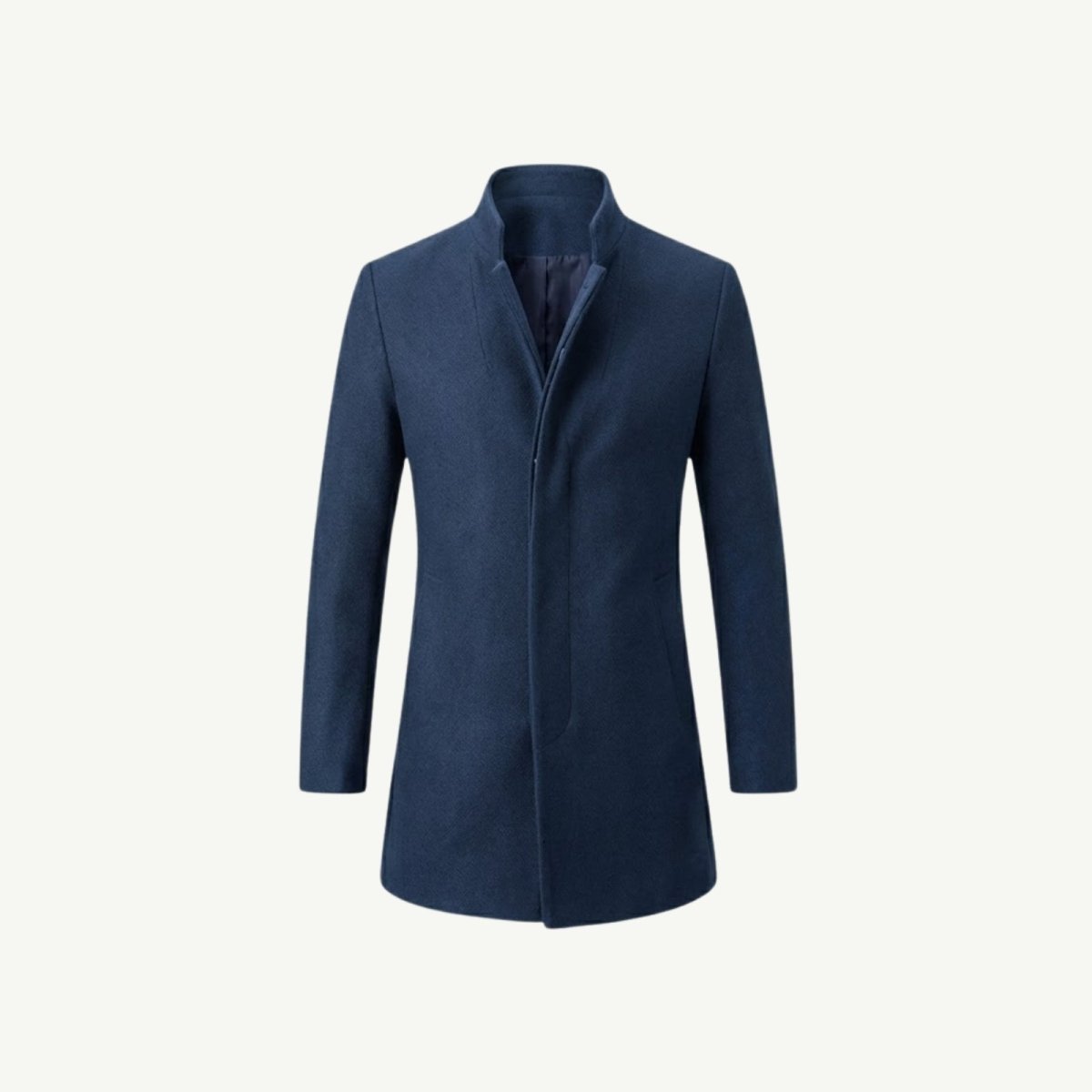 Front product shot of a men's blue wool coat with a stand collar, isolated on a white background.
