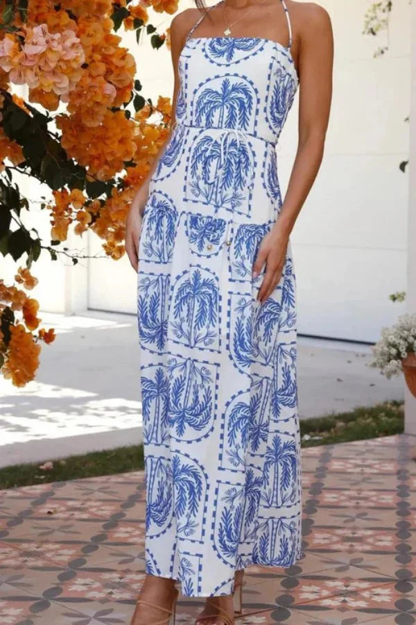 Mediterranean dress, tile print, halter gown, ankle-length, breathable cotton, wedding guest outfit
