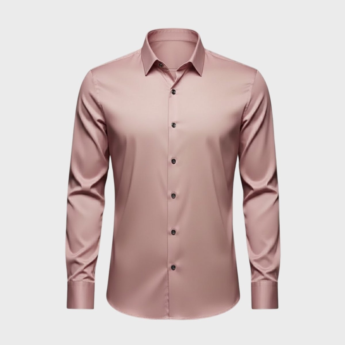 Flat lay of a men's luxury long sleeve dress shirt in pink, highlighting the spread collar and contrasting dark buttons.