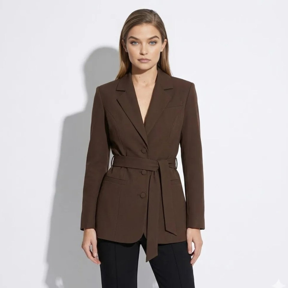 Model wearing the Kouvr Fashion women's brown tailored belted blazer, front view, with a cinched waist tie.