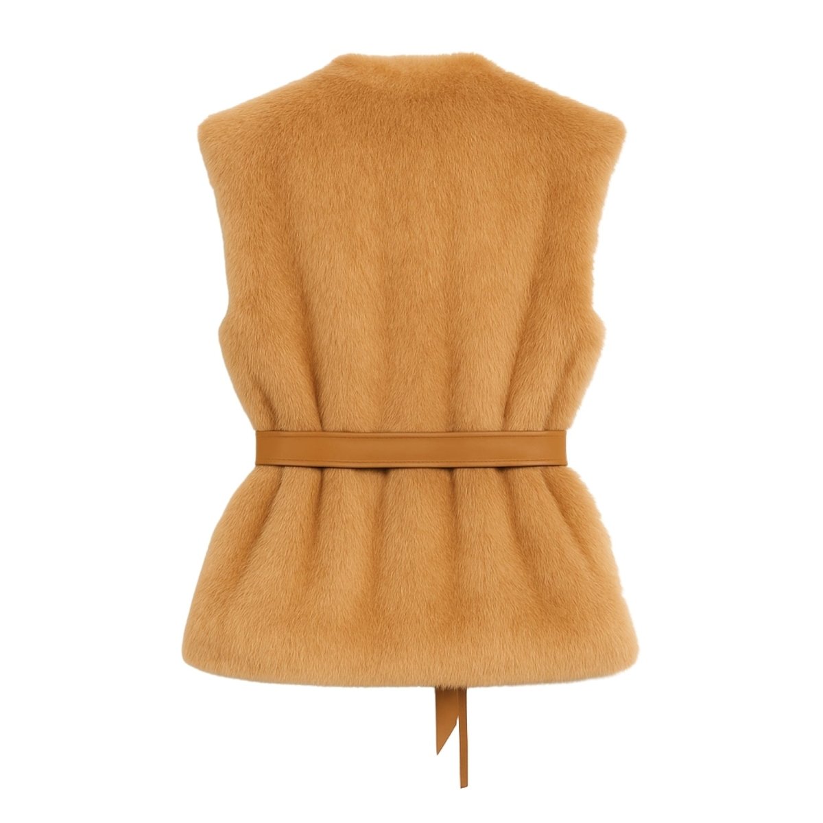 camel Kouvr fur vest with a belt on a white background