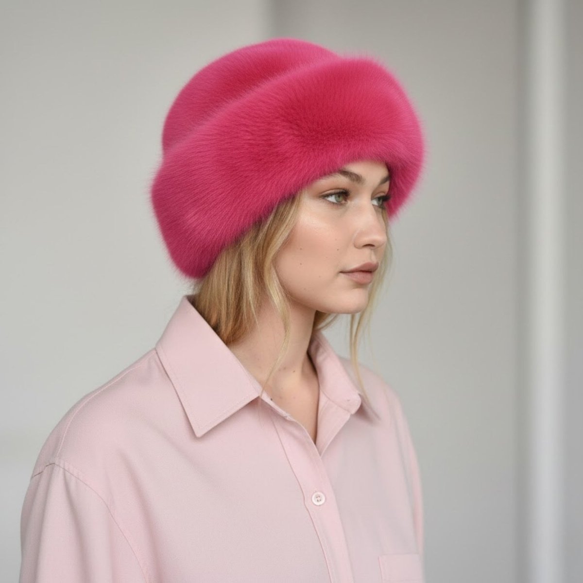 Woman wearing a bright pink fur hat against a plain background