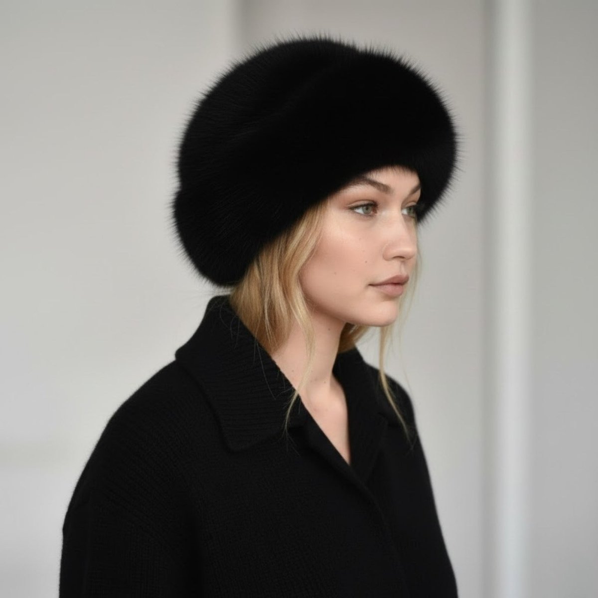 Woman wearing a black fur hat against a plain background