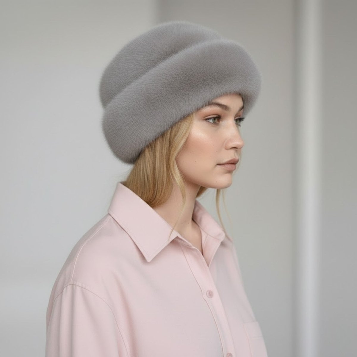 Woman wearing a gray fur hat and pink shirt against a plain background