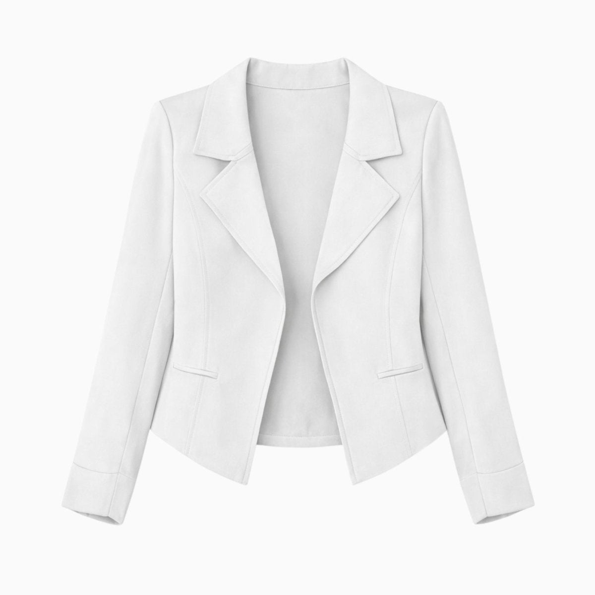 Flat lay product shot of the Kouvr Fashion women's white blazer showing the notched lapels and open front.