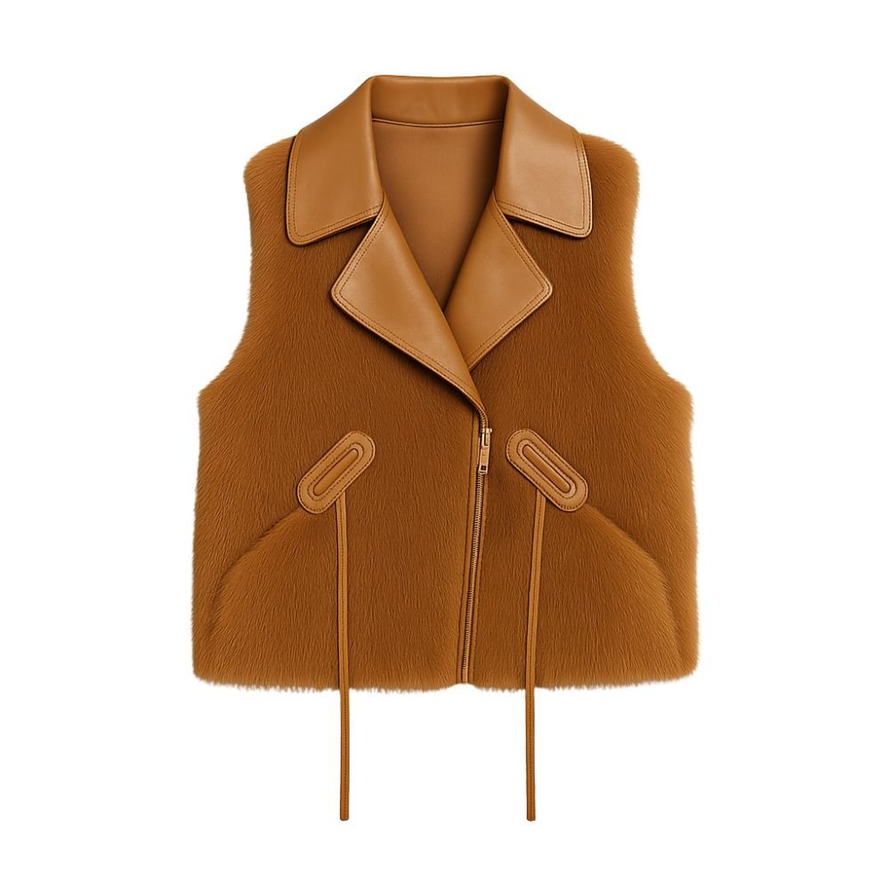 Kouvr Fashion women's pearl white sheared mink fur vest with a Nappa leather collar and front zip closure, shown from the front.