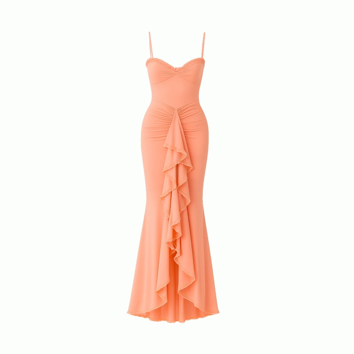 Peach-colored evening gown with ruffled skirt on a white background