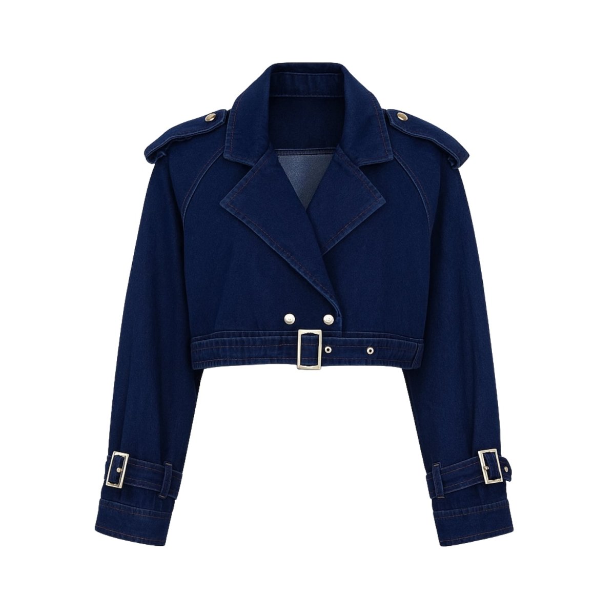 Flat lay of the Kouvr Fashion denim moto jacket in washed black showcasing the asymmetric lapels, belt, and hardware.