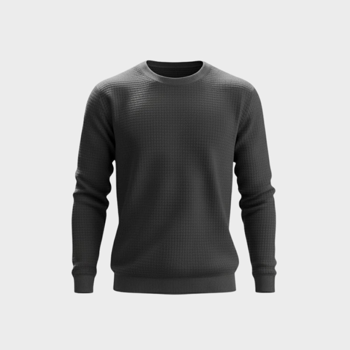 High-resolution product shot of the Kouvr Fashion men's dark grey waffle knit crewneck sweater on a white background.