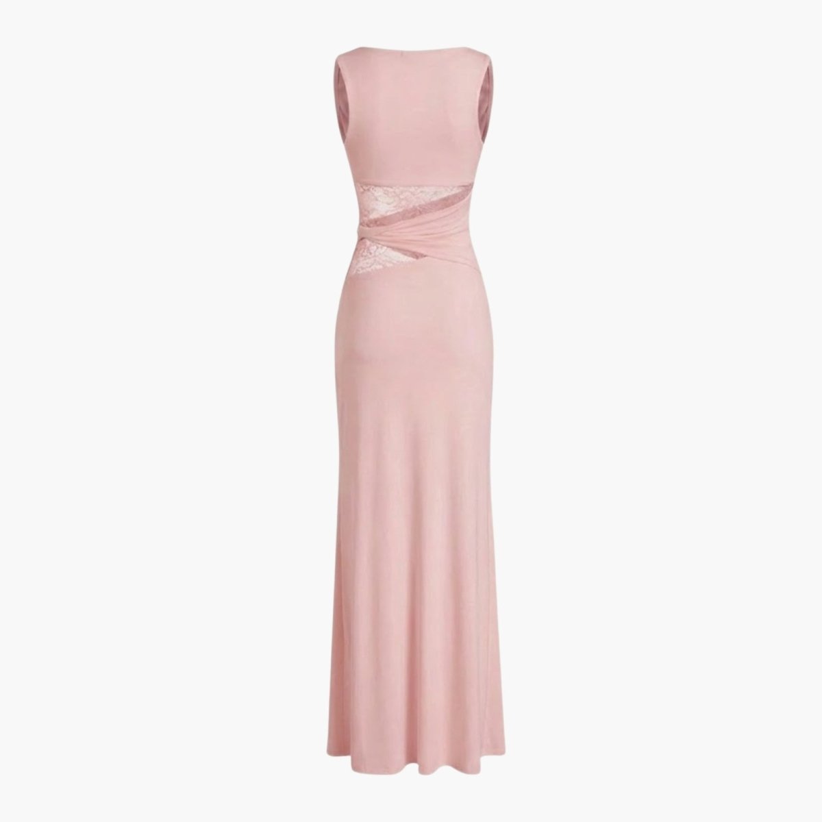Product-only back view of the Kouvr Fashion deborah pink formal gown, showing the construction of the lace panels and concealed zipper.