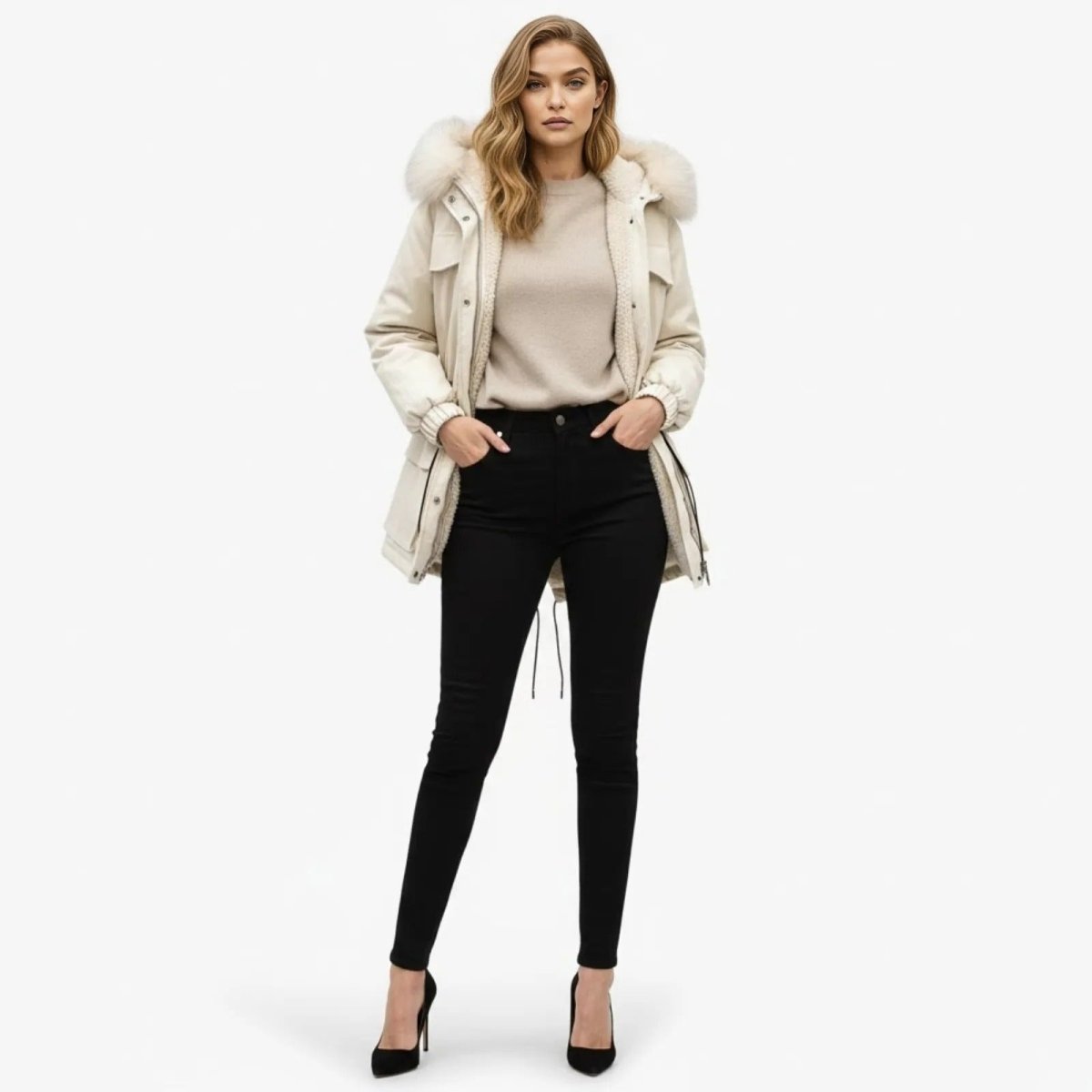Model wearing the Kouvr Fashion cream Debra Luxe winter parka with a fox fur hood, styled with black skinny jeans and heels, shown from the front.