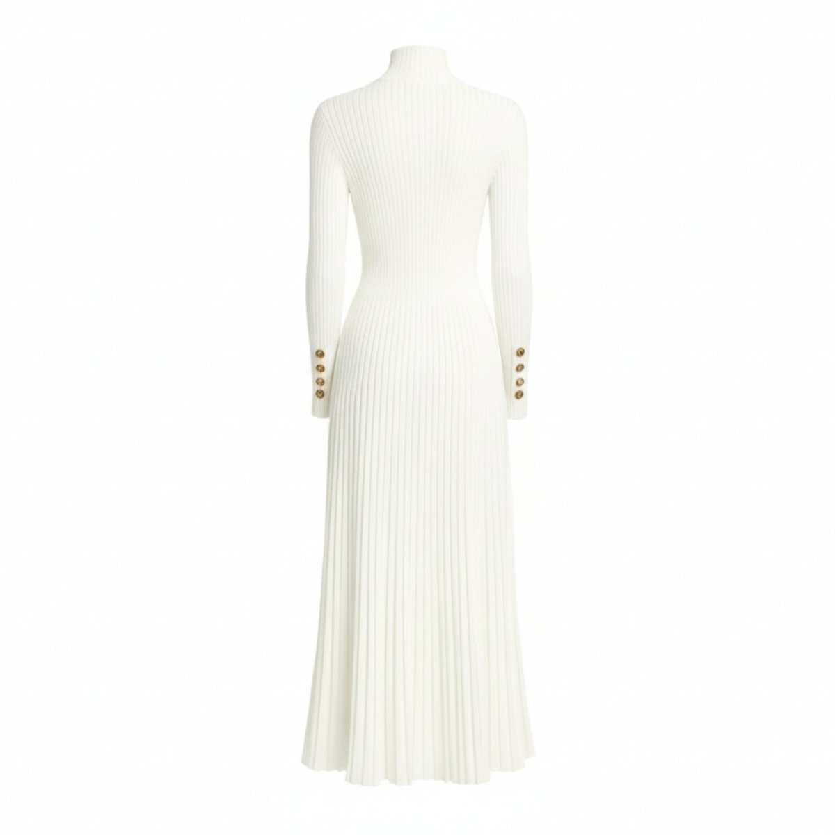 Product flatlay showing the back of the white Dianne knit midi dress, highlighting the full length and sleeve construction.