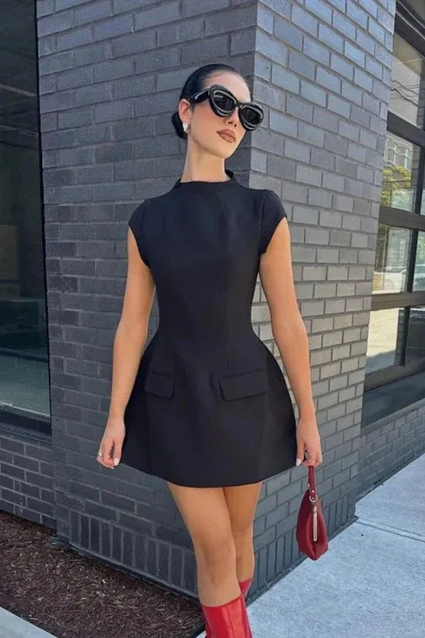 black mod mini dress Structured Little with Pockets | High Neck A-Line Dress | 60s Style Cocktail Dress cc Dress Shirts for Men Color:Nude Sage Retro glam meets modern