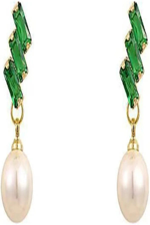 Earrings Kouvr with green gemstones and a pearl drop on a white background