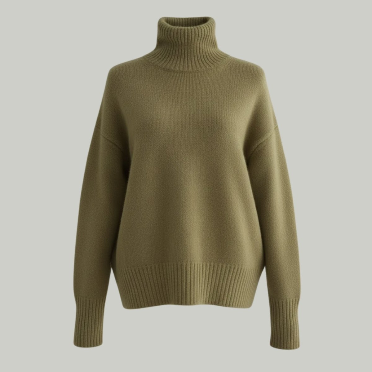 Product-only image of the Kouvr Fashion Gloria Cashmere Turtleneck sweater in khaki on a flat light grey background.