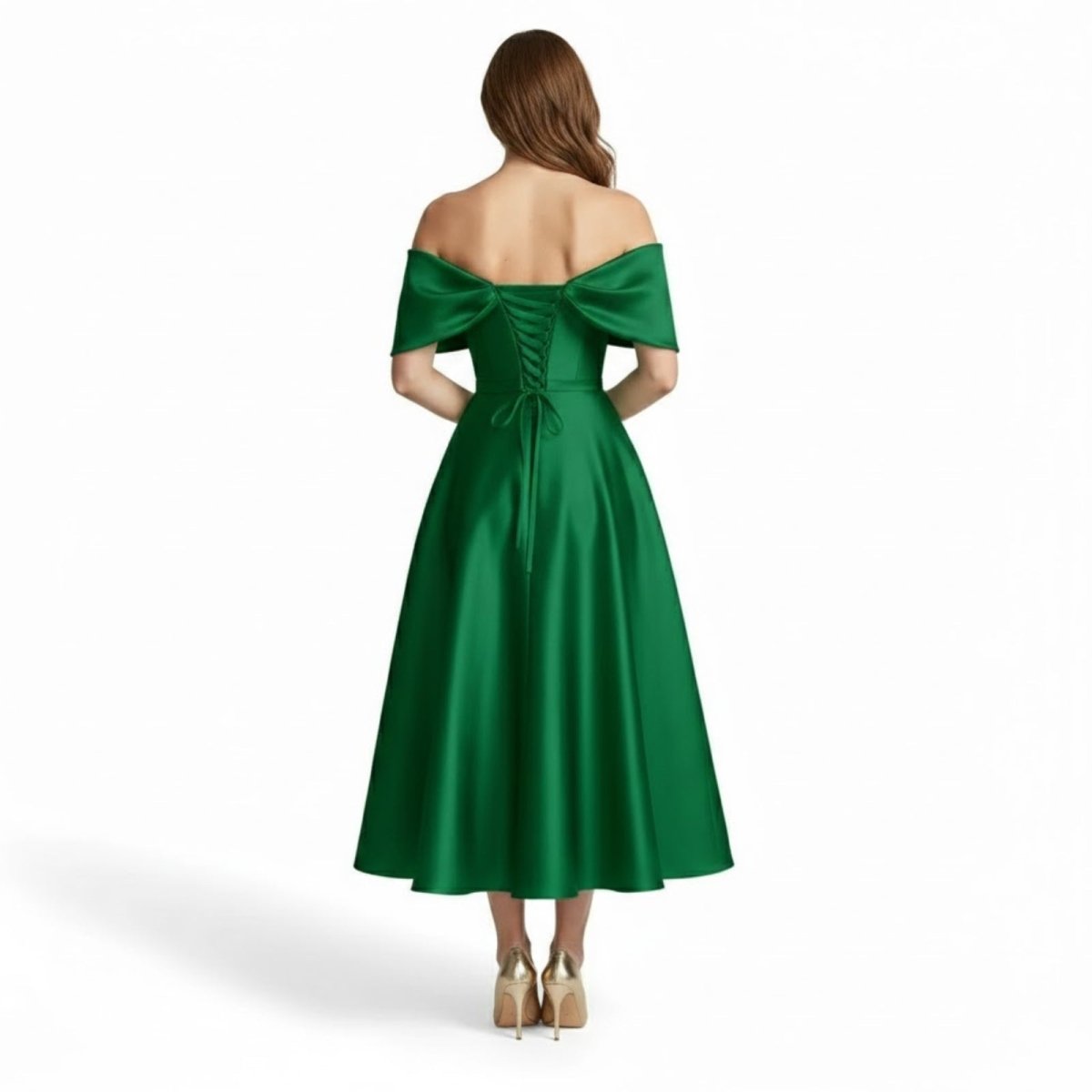 Studio shot of the Kouvr Fashion green draped bodice formal dress on a white background.