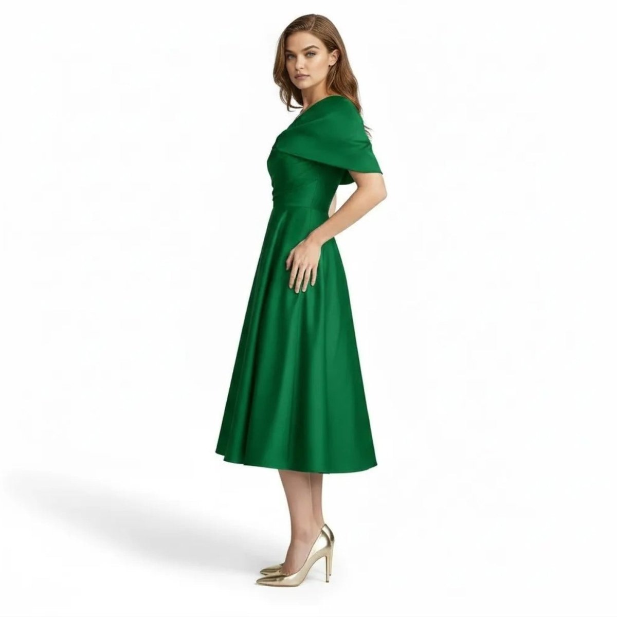 Side profile of a model in the Kouvr Fashion green satin A-line cocktail dress.