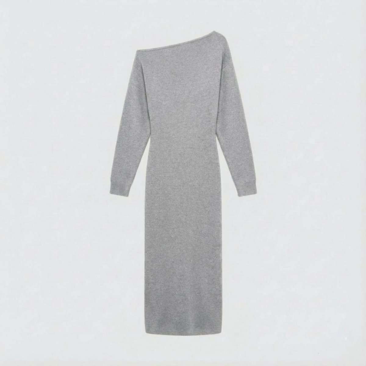 Flatlay product shot of the Kouvr Fashion heather light grey asymmetrical knit dress, back view.